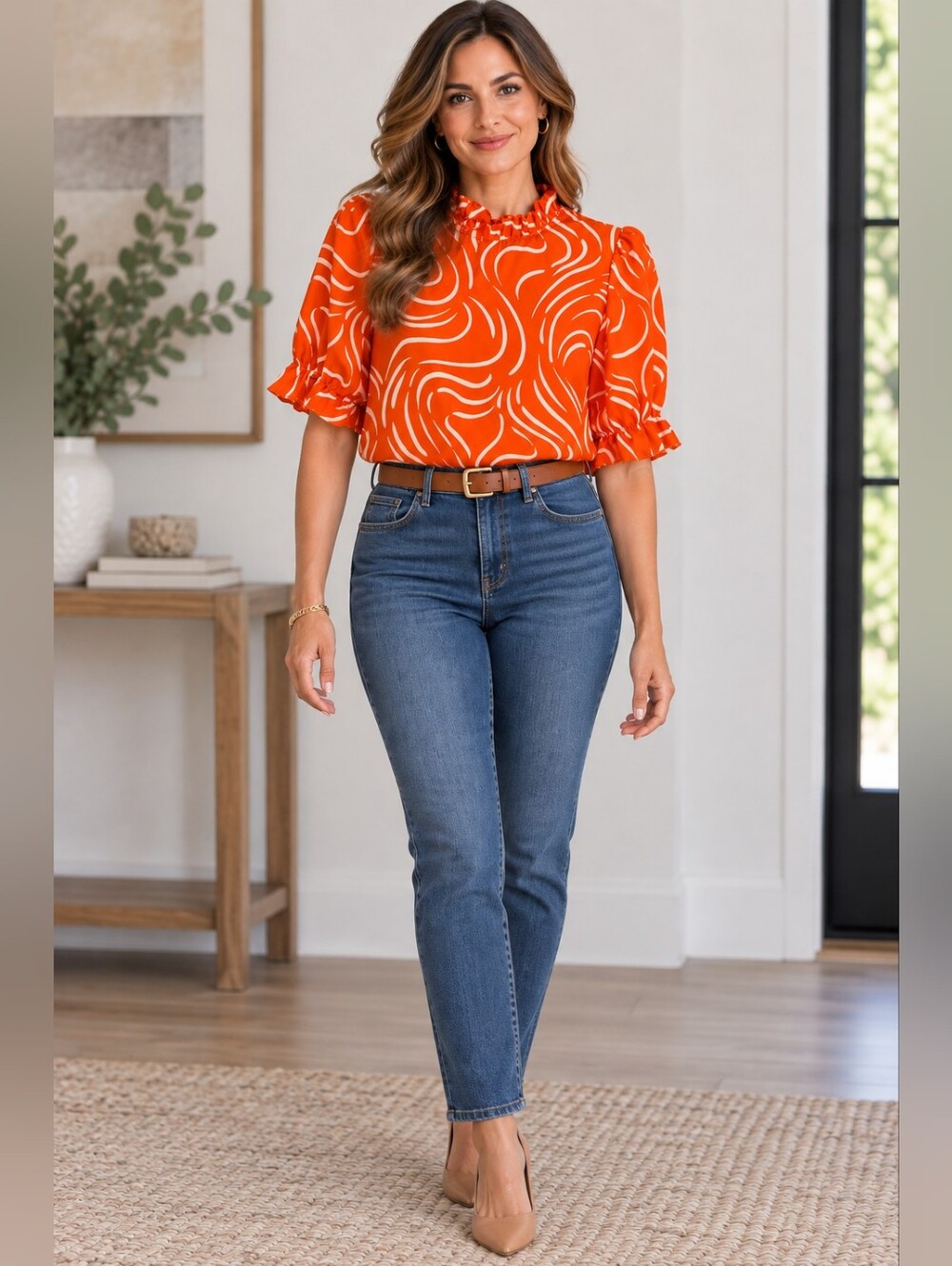 Orange & White Print Ruffle Blouse – Size L